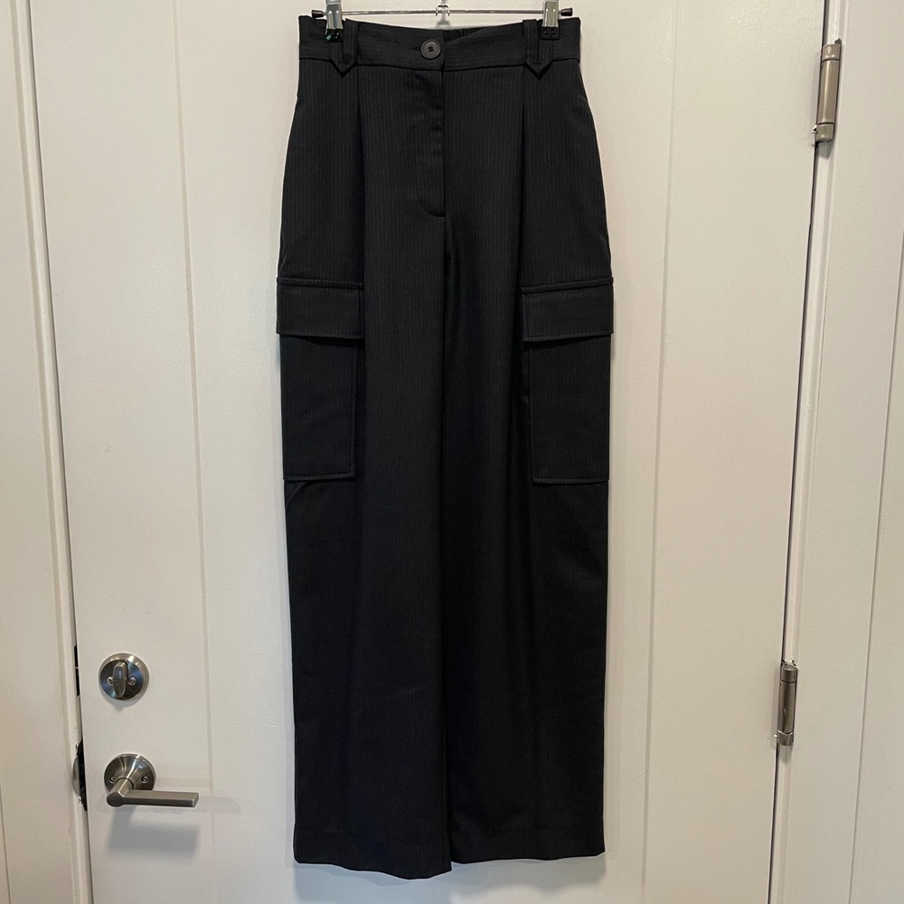 River Island In Other Words Pinstripe Cargo Pants Grey Wide Leg Trousers Size 6